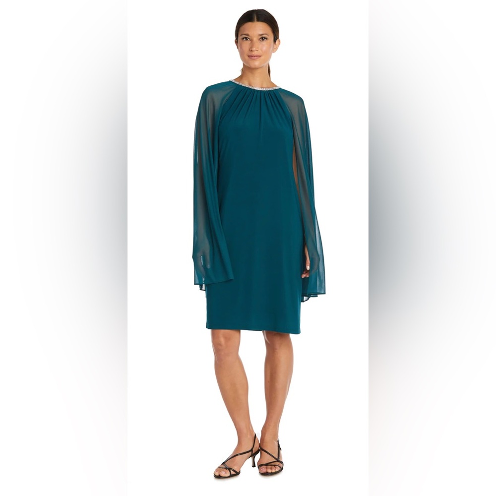 R&M Richards - Crew Neck Long Capelet Sleeve Rhinestone Trim Chiffon Dress